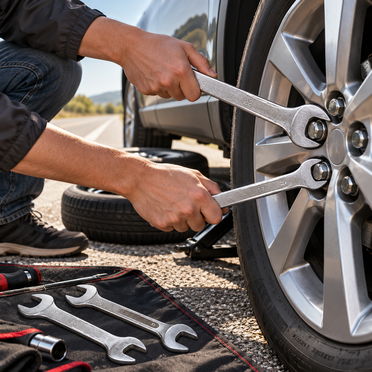 Auto-Notfall-Werkzeugsatz, Doppelmaulschlüsselsatz mit Zange und Schraubendreher, Handwerkzeuge für die Reparatur von Fahrzeug-Ersatzreifen Auto-Notfall-Werkzeugsatz, Doppelmaulschlüsselsatz mit Zange und Schraubendreher, Handwerkzeuge für die Reparatur von Fahrzeug-Ersatzreifen